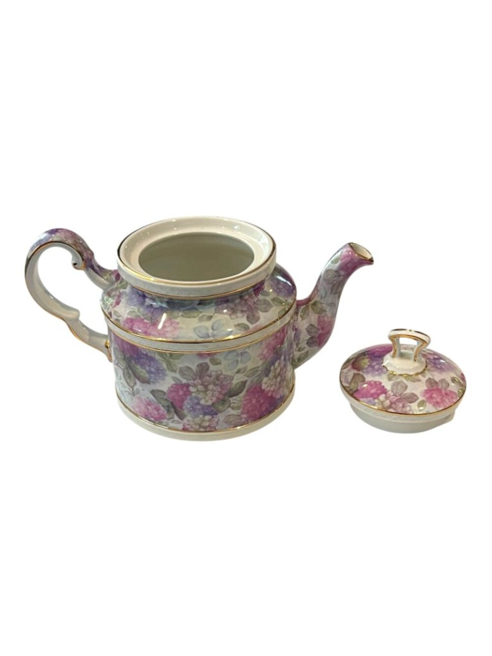 Vintage Crown Dorset Hydrangea Teapot Staffordshire England Gold Trim Gilt - Picture 3 of 8